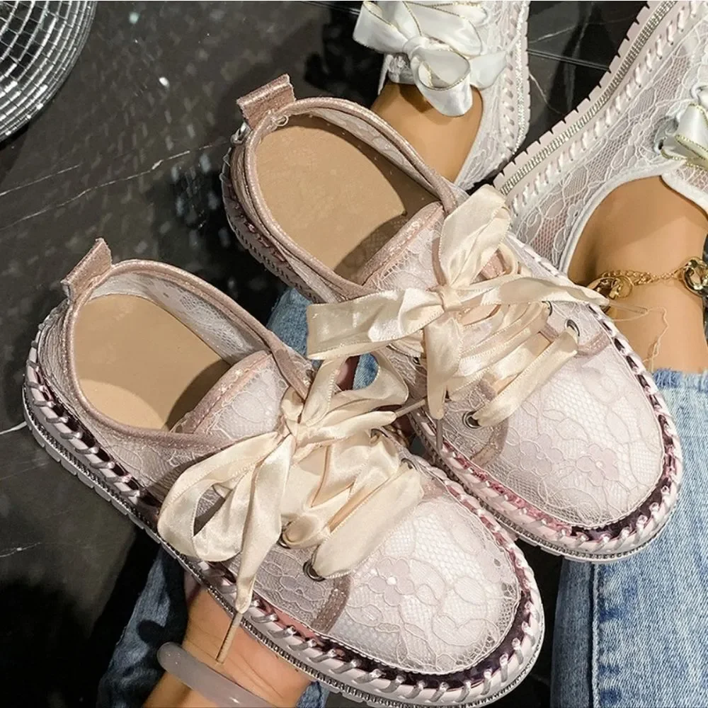 Round Toe Platform Loafers – Chic Lace Mesh & PU Leather Low Heel Slip-Ons